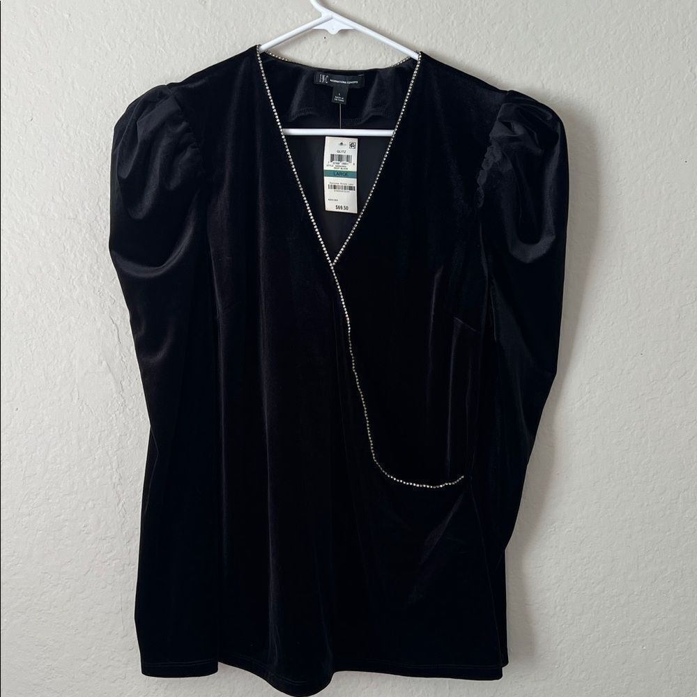 NWT INC Women's Black Velvet Top with Rhinestone Trim Detail in Size